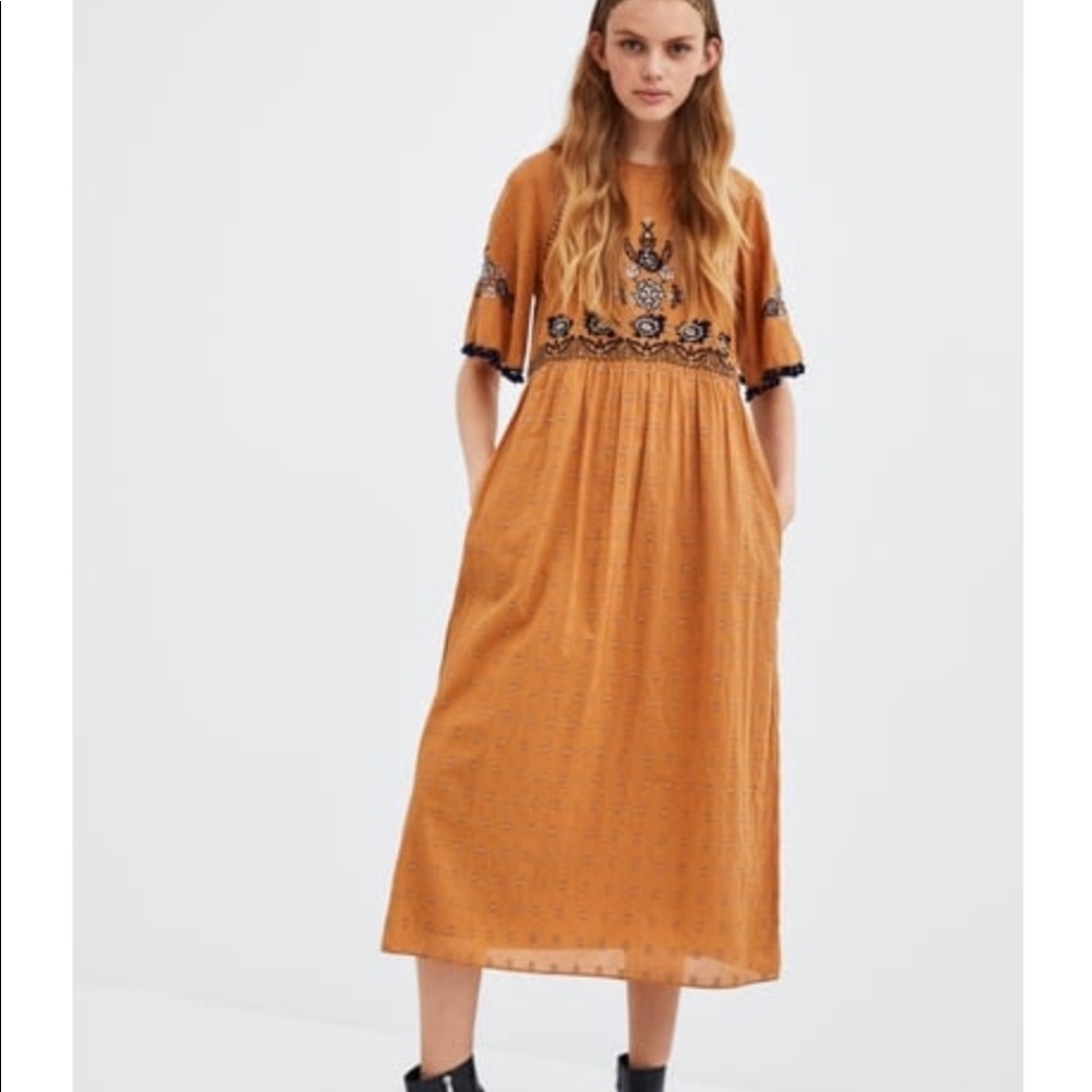 NWOT Zara Embroidered Midi Dress in Mustard